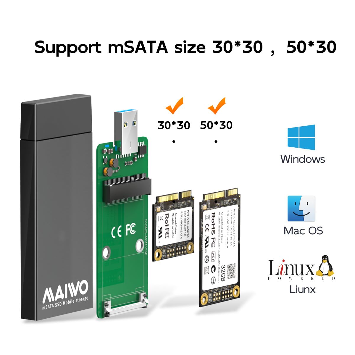 MAIWO Adaptador de mSATA a USB 3.0 (Carcasa de Aluminio / 2TB)