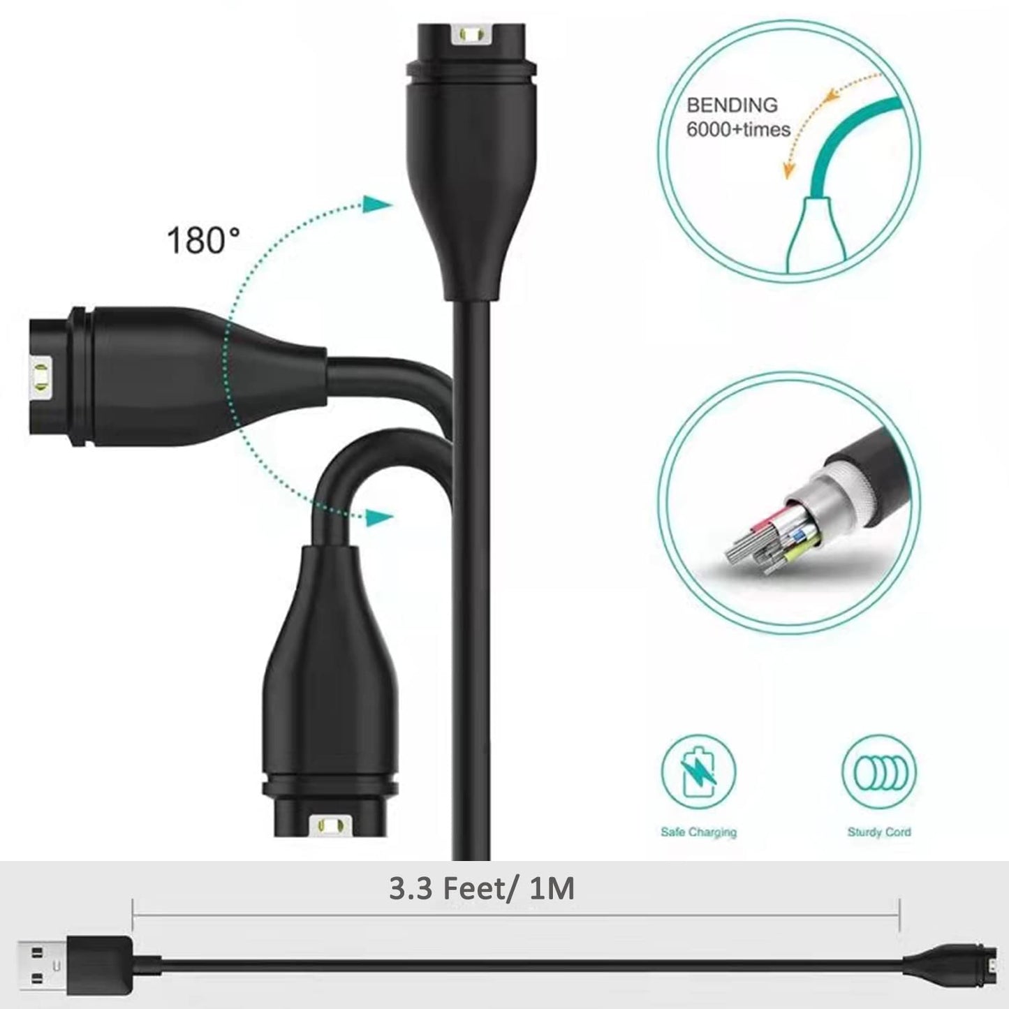 Charger for Garmin Watch, Ankky 3.3ft USB Charger Cable Data Sync Cable for Garmin 5/5S/5X/Plus/6/6S/6X/Pro/Forerunner 935/Quatix 5/Quatix 5 Sapphire/Vivoactive 3 Watch, Black