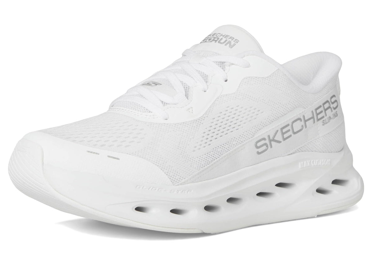 Skechers Women's Max Cushioning Glide Step Caledonia Hands Free Slip-ins Sneaker, White/Silver