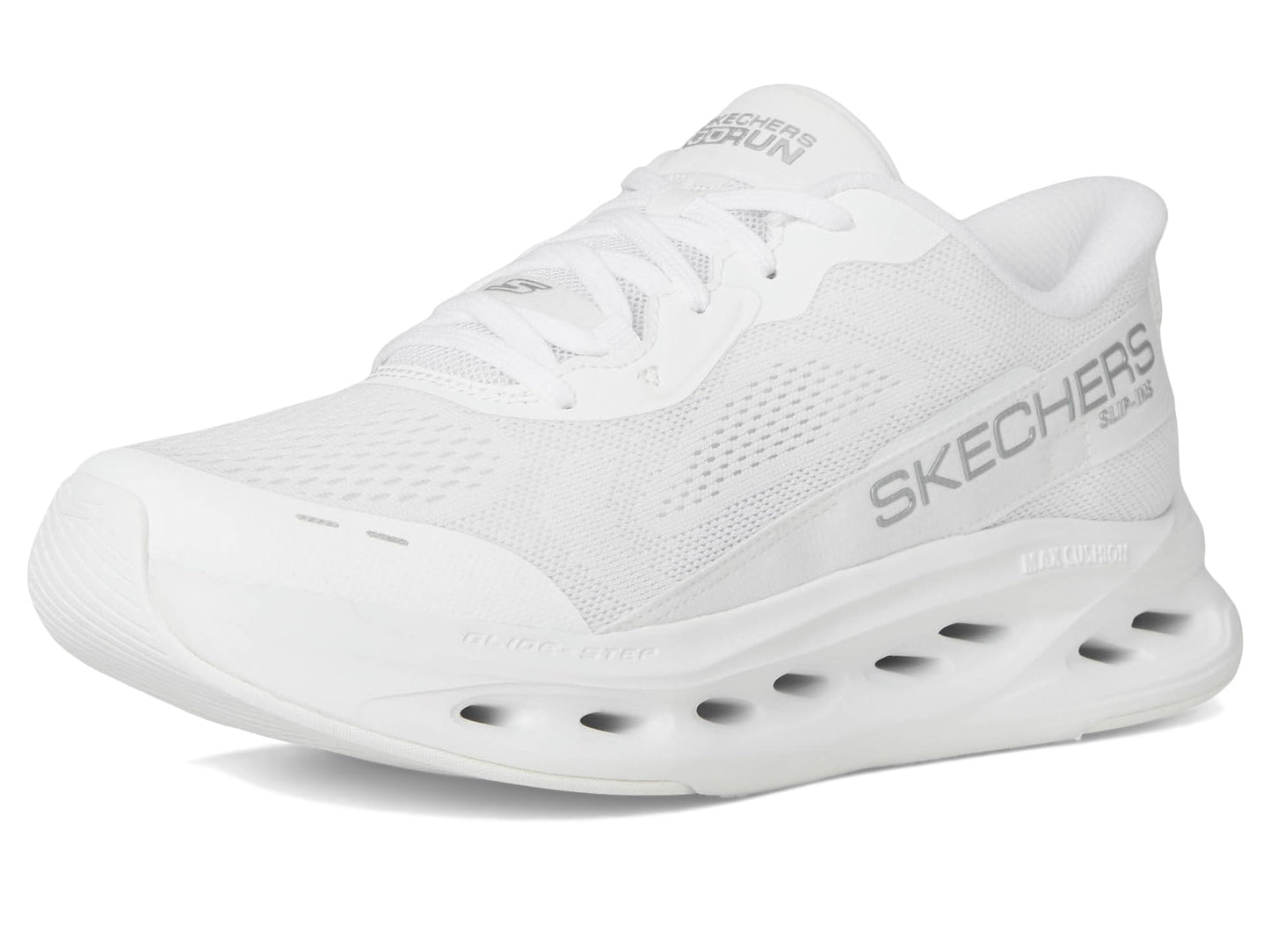 Skechers Women's Max Cushioning Glide Step Caledonia Hands Free Slip-ins Sneaker, White/Silver