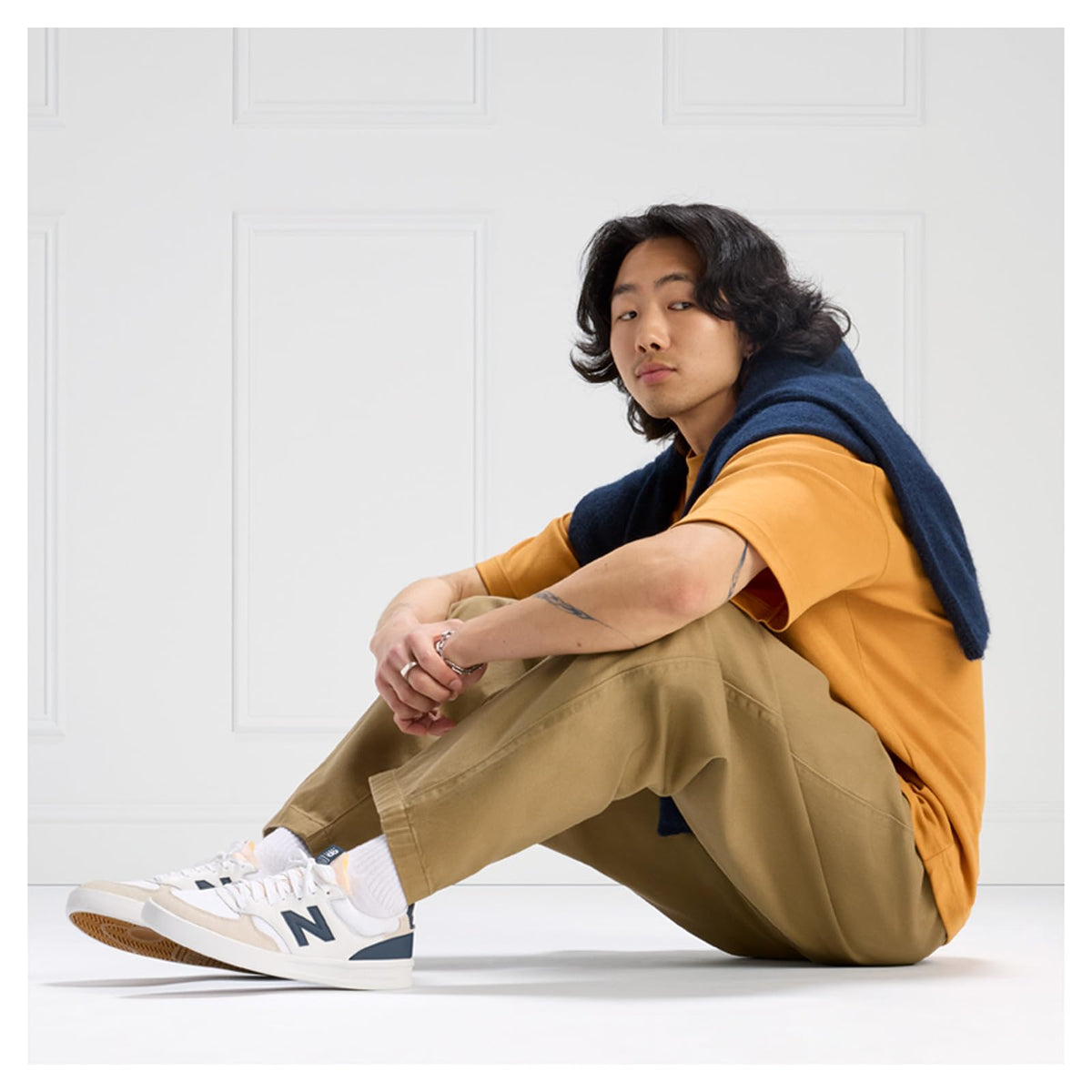 New Balance Men's 300 V3 Court Sneaker, White/Sea Salt/Vintage Indigo