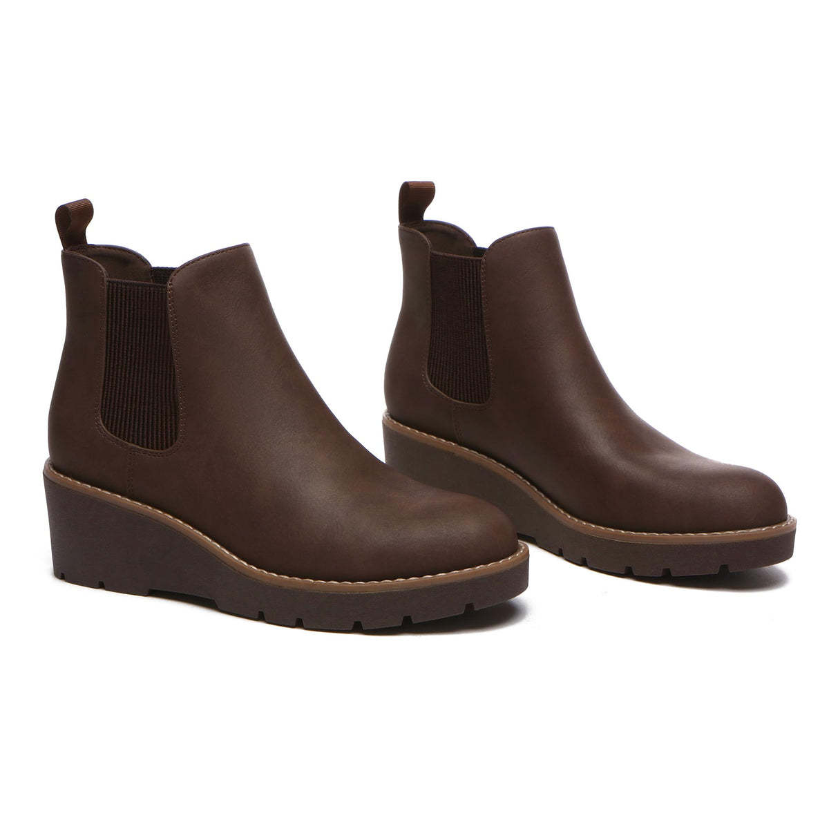 Athlefit Women's Chelsea Wedge Boots Elastic Platform Lug Sole Slip on Wedge Ankle Brown Booties