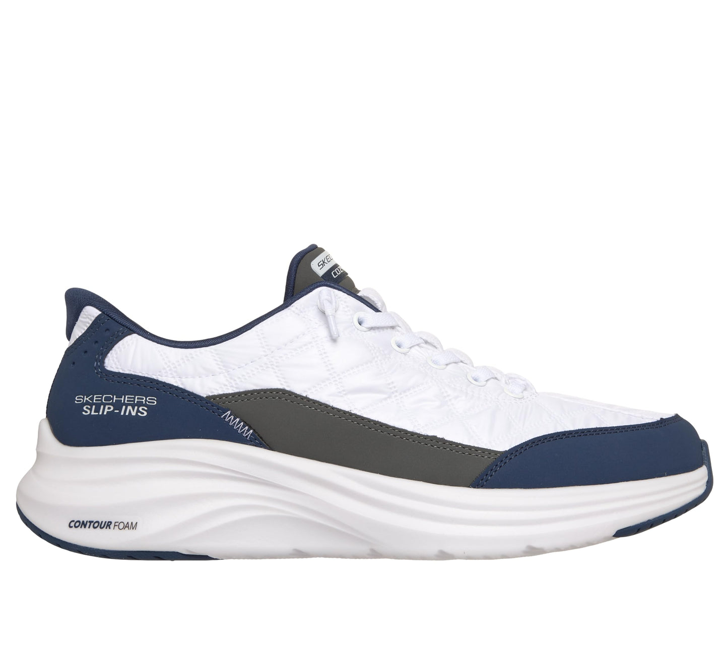 Skechers Men's Contour Foam Cozy Fit Hands Free Slip-in Sneaker, White/Navy