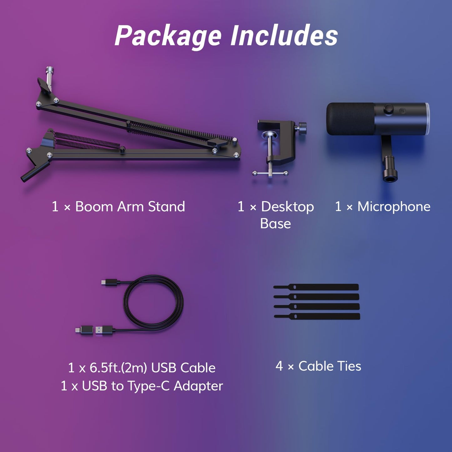 TONOR Dynamic Gaming Microphone, XLR/USB Mic Streaming, AI Noise Cancellation, Controlable RGB, Tap Mute, 3.5mm Headphone Jack, Volume Control, Microfono with Boom Arm, Black, TD510 AIR S H+