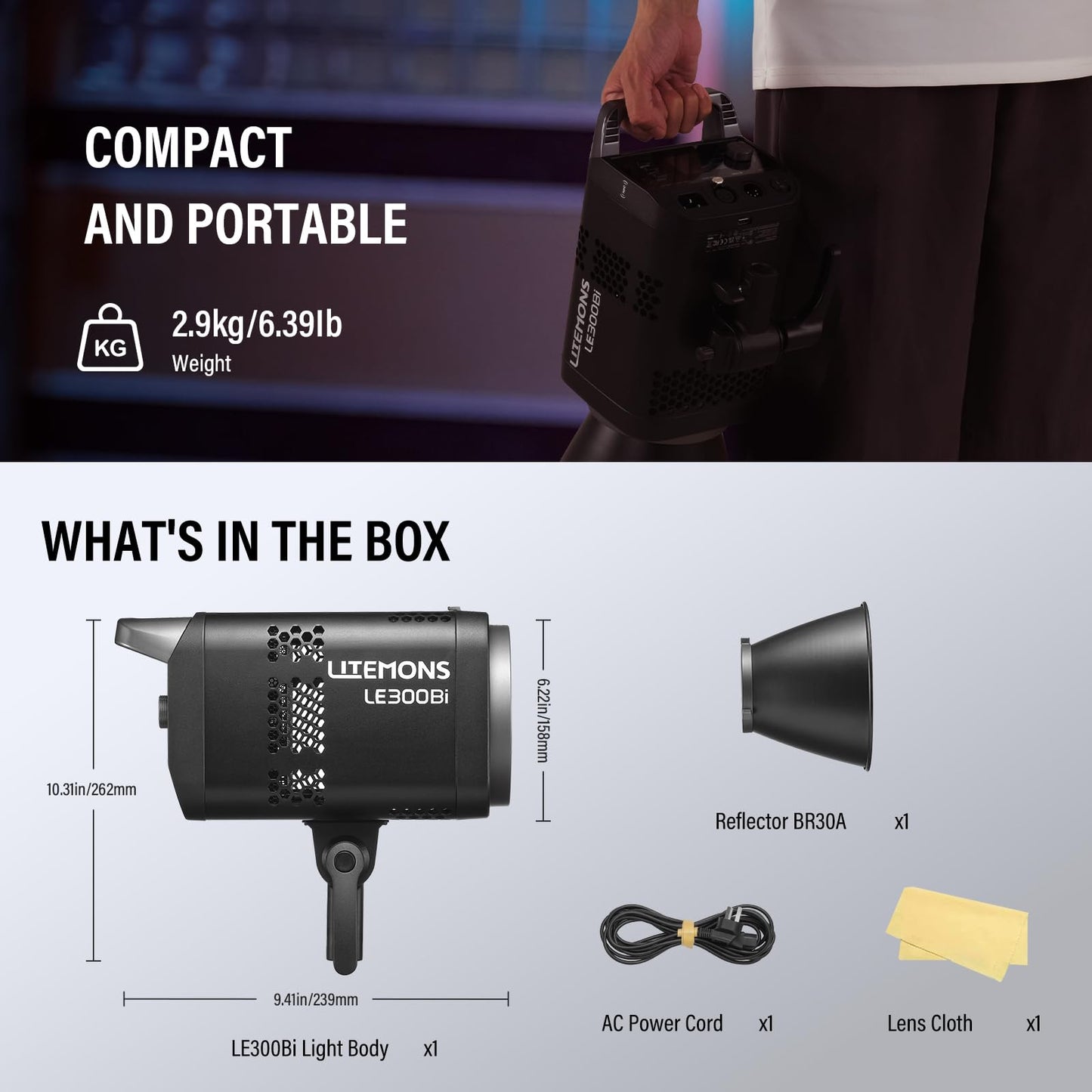 Godox Litemons LE300Bi COB Led Video Light, Godox Bowens Mount 315W Bi-Color Continuous Output Light with DMX/Bluetooth APP Control, NFC Connection, 2800K~6500K, 58900Lux@1m, CRI/TLCI98, 11 Fx Effects