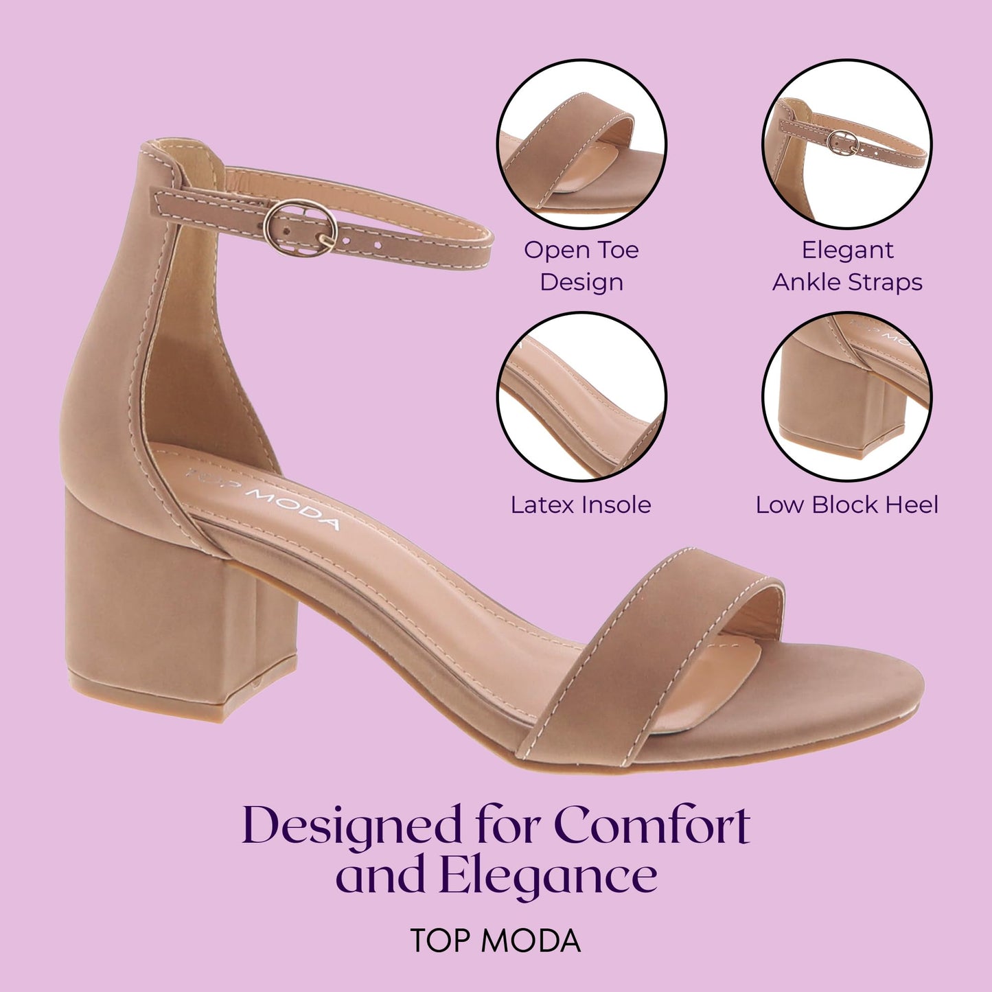 TOP Moda Darcie-1 Ankle Strap Dressy High Heel Sandal, Non-slip Sole, For Wedding, Party, Prom, Evening Wear, or Any Occasion, Sleek Style Block Heel Sandals, Taupe Nubuck