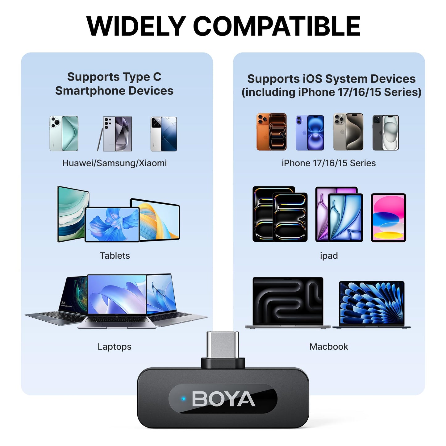 BOYA BY-V20 Wireless Microphones for iPhone 17/16/15 & Android/Laptop with USB-C Port, 328ft Range, 9H Battery Life, Noise Reduction Mini Mic Clip on Lapel Microphone Wireless for Video Recroding