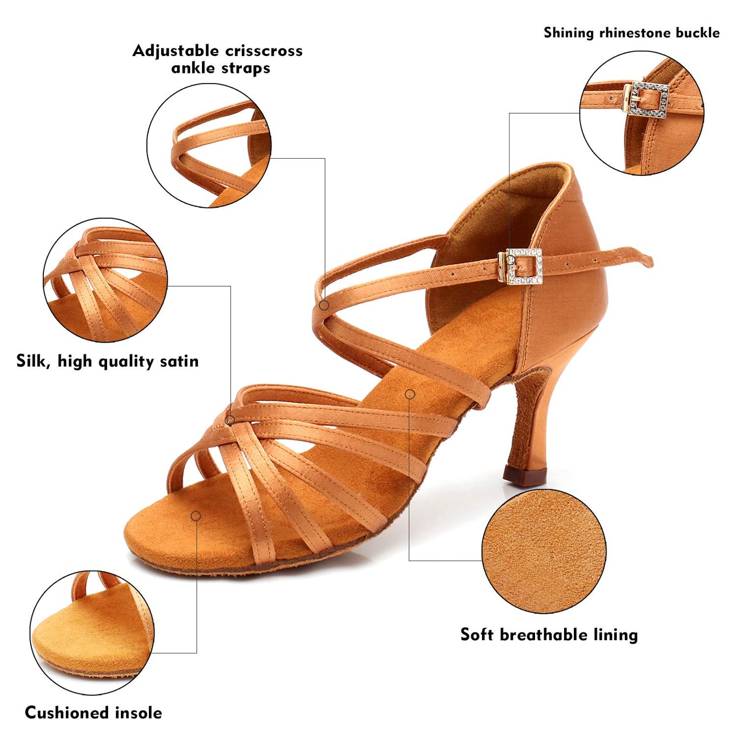 RoseMoli Women's Latin Dance Shoes Satin Professional Ballroom Salsa Practice Performance Dance Shoes Tan
