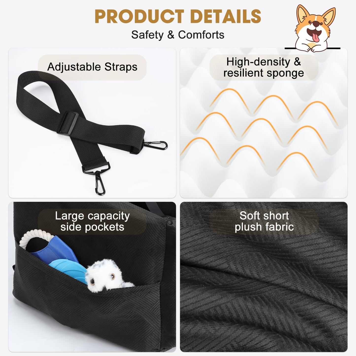 JOEJOY Asiento de Coche para Perros de hasta 35lbs (Negro)