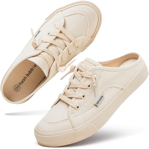 hash bubbie Women's Mules Comfortable Slip on Sneakers Tennis Shoes Summer Backless Canvas Shoes Close Toed Sandals(Beige, US7)