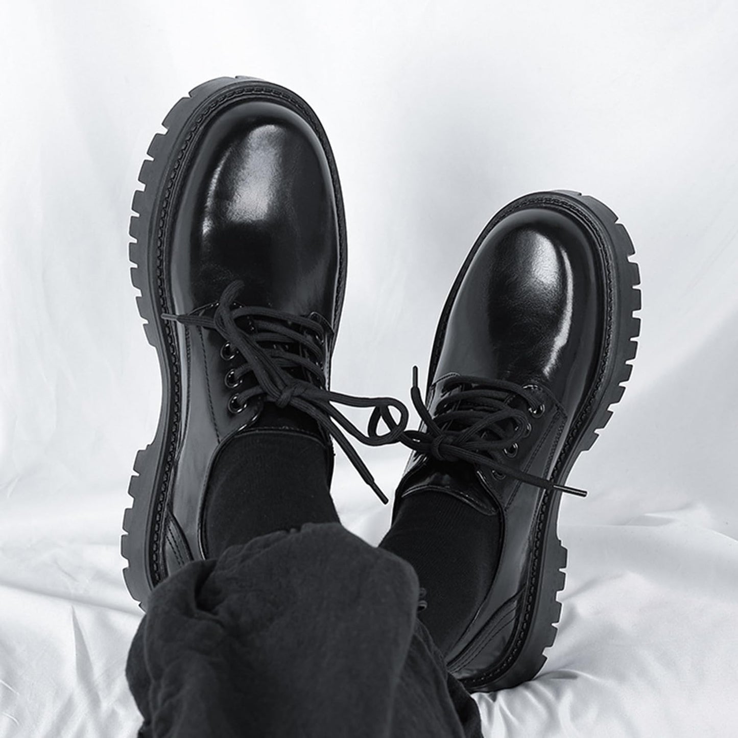 Men's Leather Lace Up Platform Oxfords Round Toe Chunky Heel Lug Sole Heightening Soft Bottom Derby Casual Shoes Classic Work Office Business Dress Shoes (Black