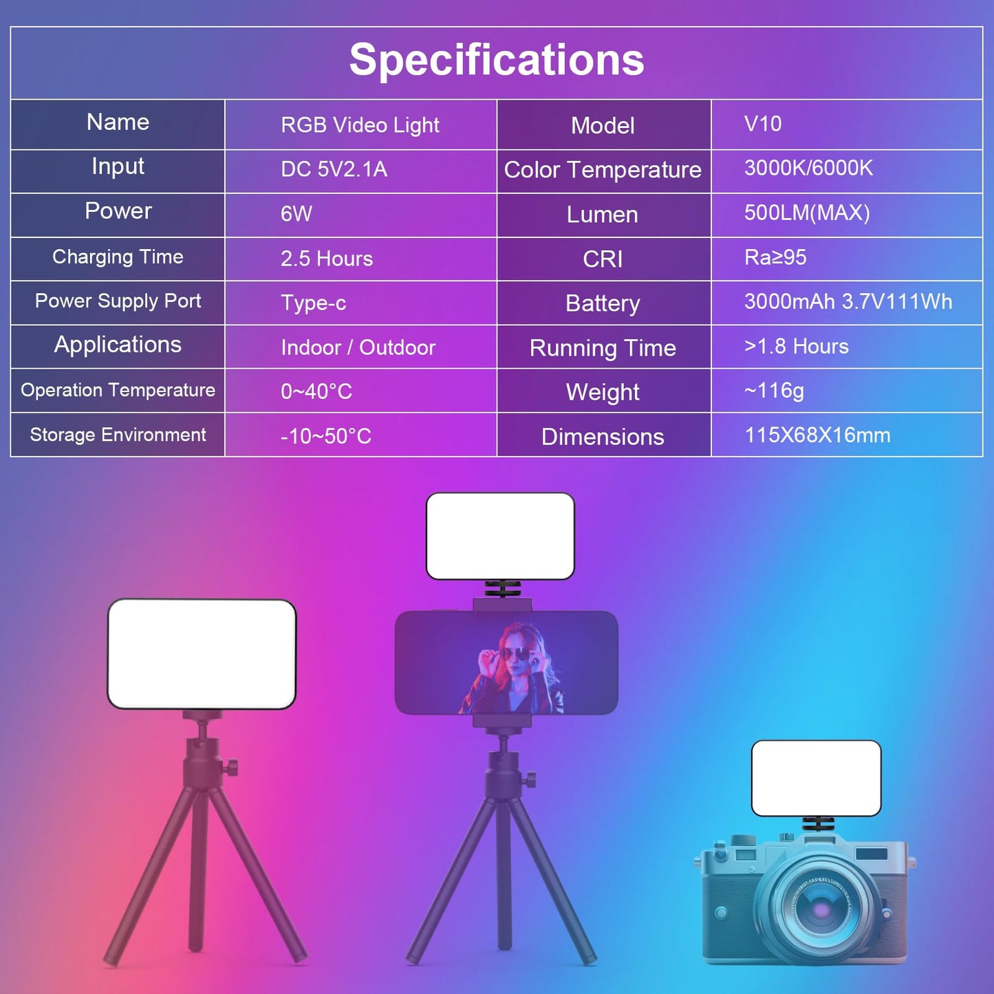 LUXCEO RGB Video Light, Portable LED Camera Light Panel, Dimmable 3000K-6000K CRI95+ Color LED Light with 3000mAh Rechargeable Battery, Pocket LED Photography Lights for Vlogging, Video Conference