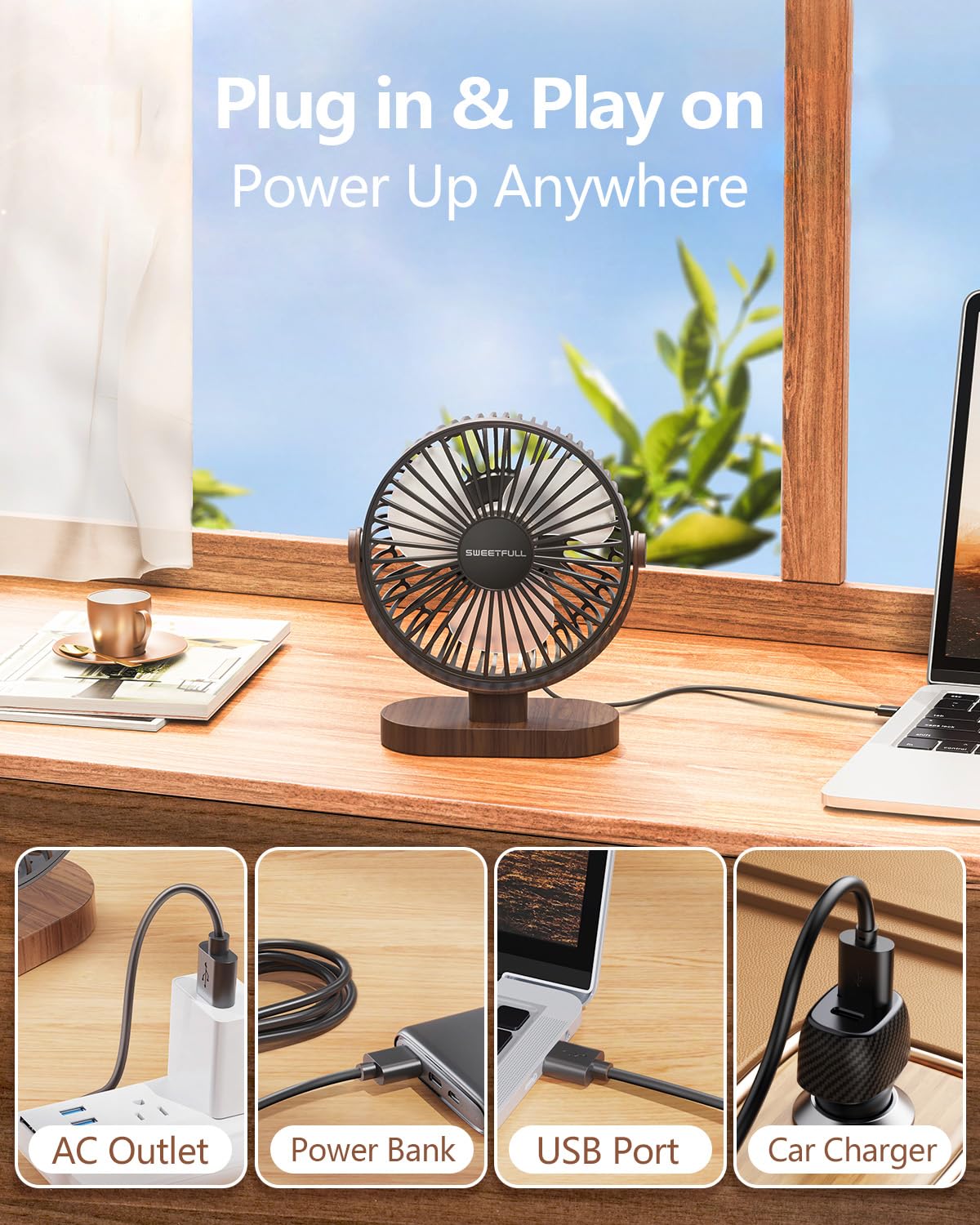 SWEETFULL Pequeño Ventilador de Escritorio USB (Madera Negra)