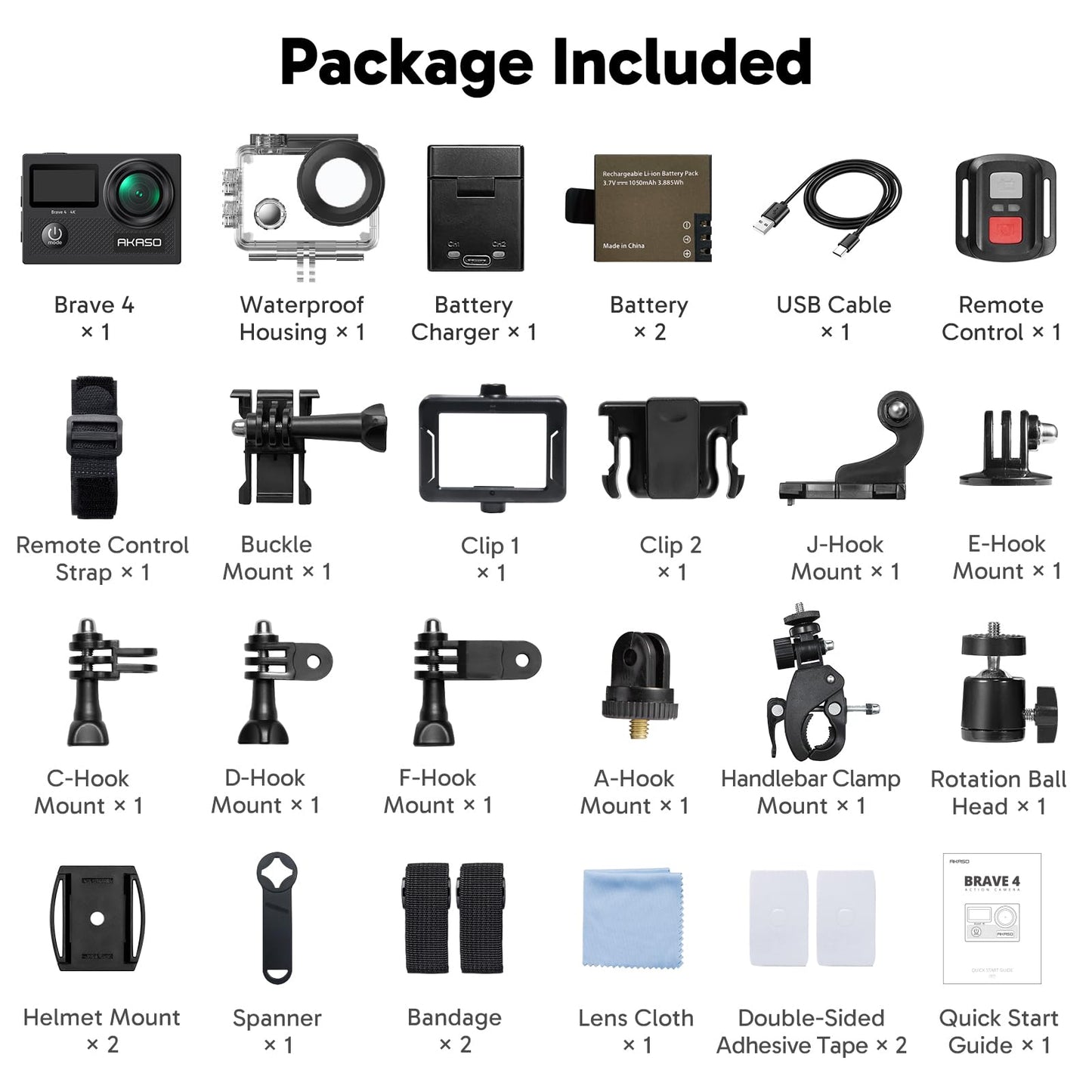 AKASO Brave 4 Action Camera 4K 30fps Ultra Hd Video 20MP Photo, EIS, WiFi Remote Control, 2X Batteries, Waterproof Underwater Camera for Snorkel, Travel, Motorcycle, Bicycle, Helmet Accessories Kit