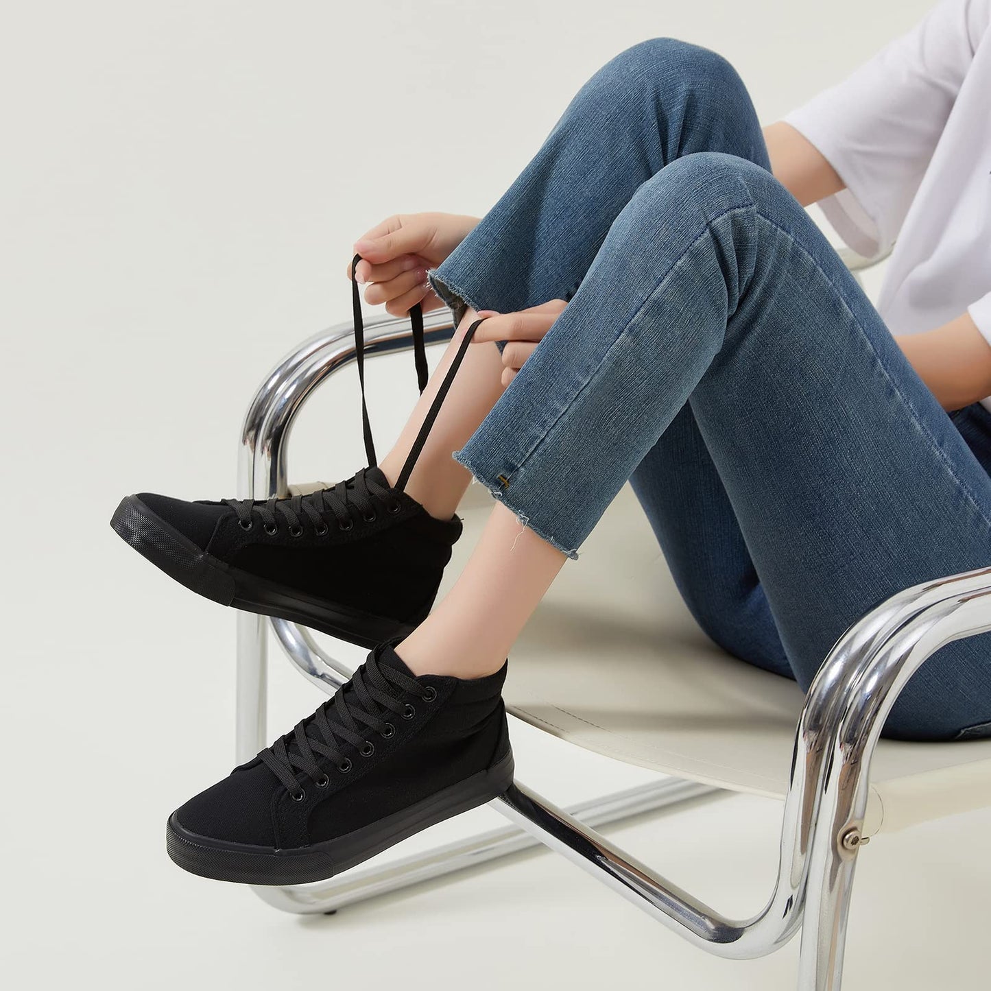 XRH Women Black Canvas High Tops Sneaker for Walking, White Non Slip Hi Top Lace up Shoes, Casual Fashion Mid Top Sneaker(Comfortable, Breathable, Classic)(Black, US10)