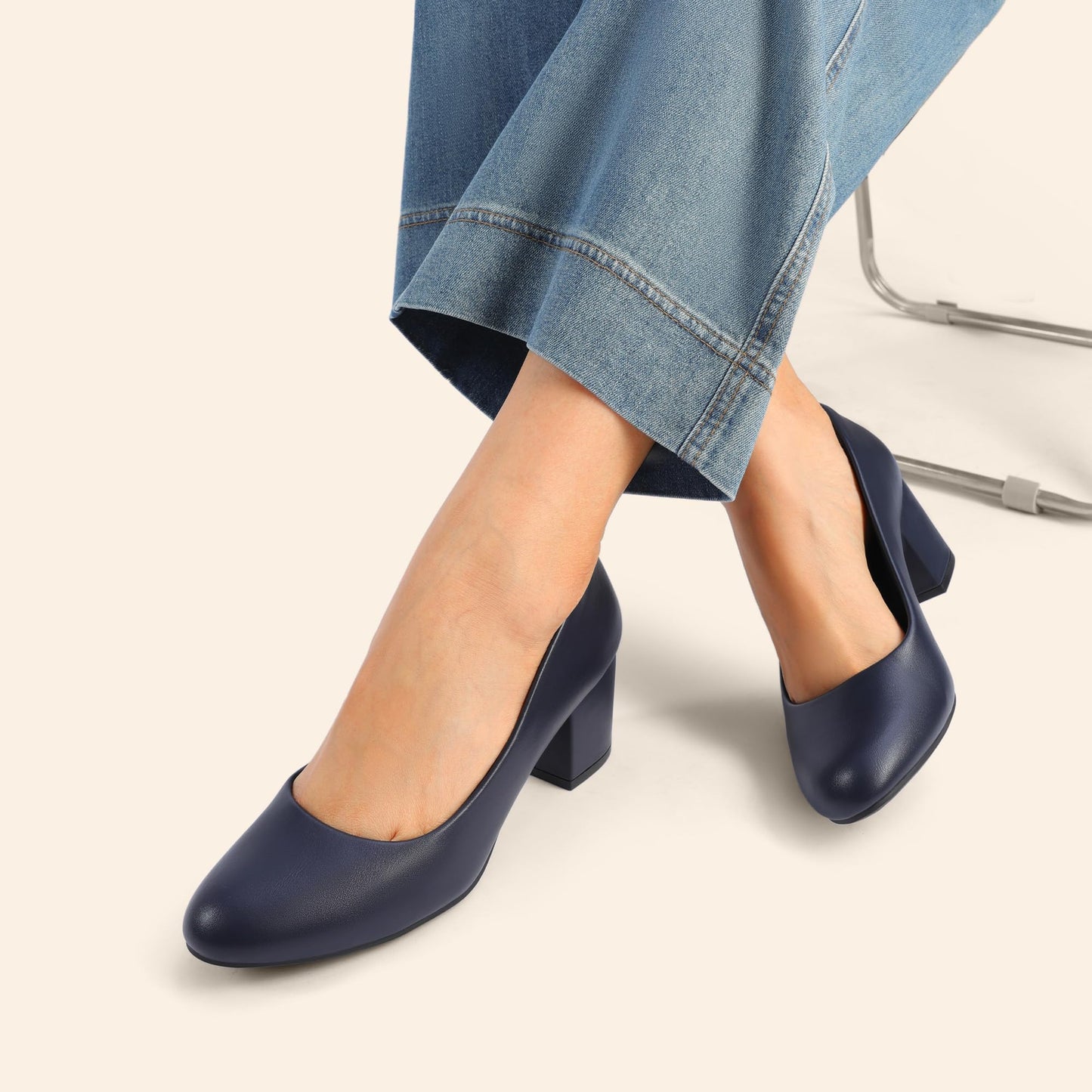 DREAM PAIRS Women's Pumps Low Chunky Block Heel Dress Shoes Closed Round Toe Comfortable Heels, Navy-Pu, SDPU2462W