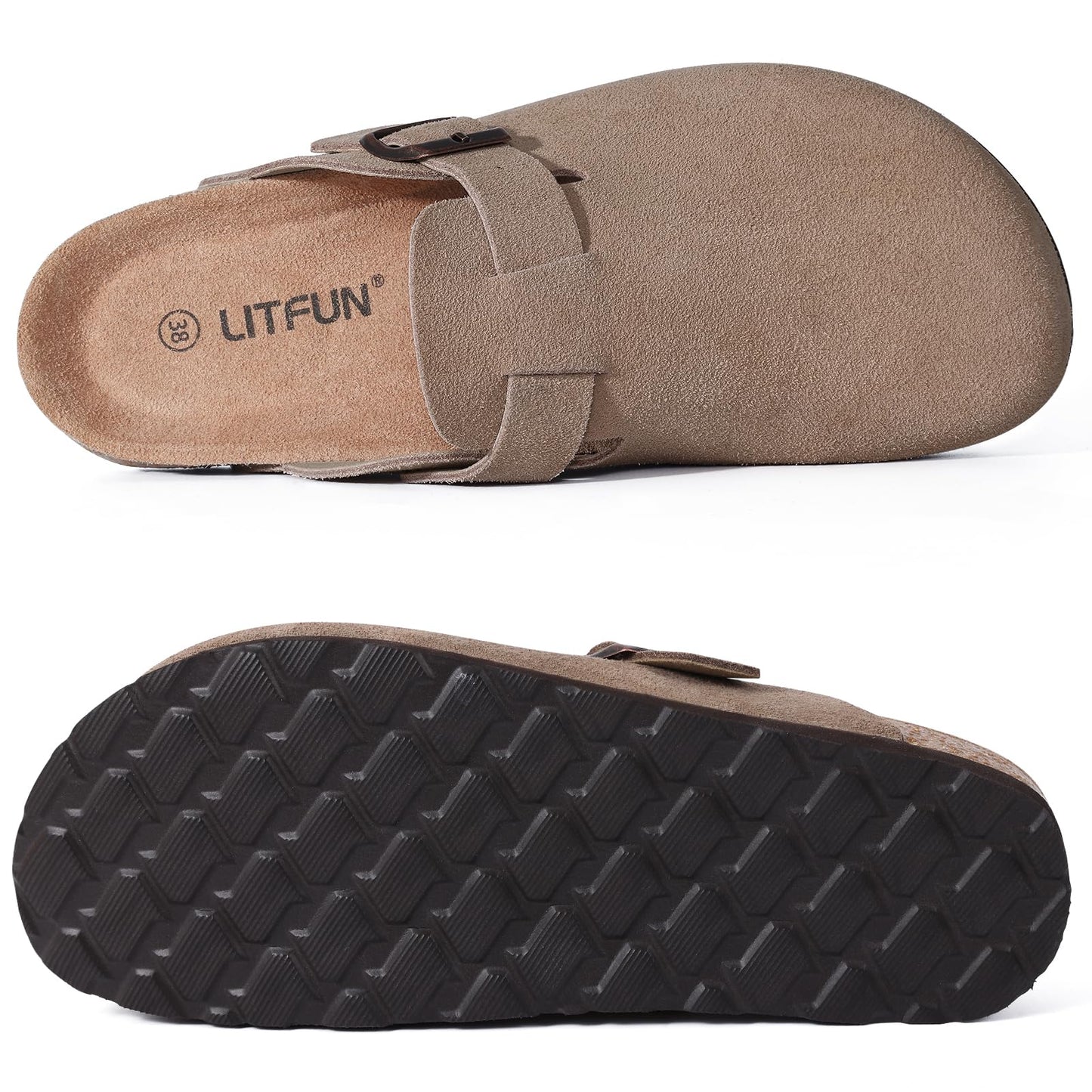 Litfun Unisex Genuine Suede Clogs Soft Footbed Leather Potato Shoes Comfort Slip On Clogs with Arch Support, Mocha