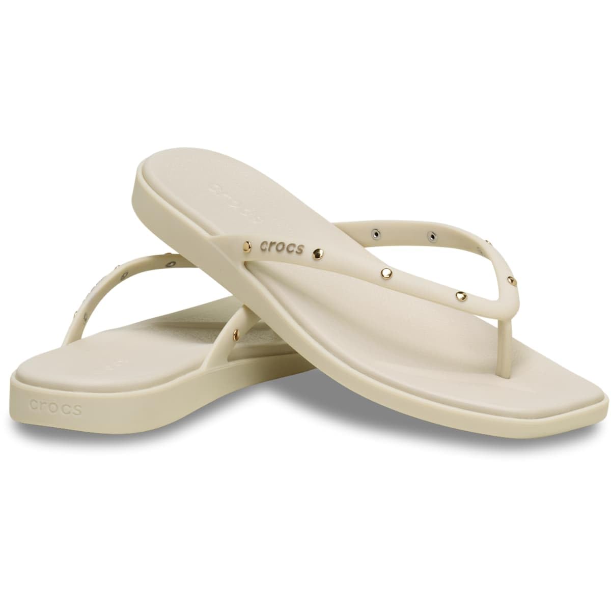 Crocs Women's Miami Flip Flops | Square Toe Flat | 360 Degree Comfort | Croslite Foam Footbed, Thong Sandals, Almond Tint