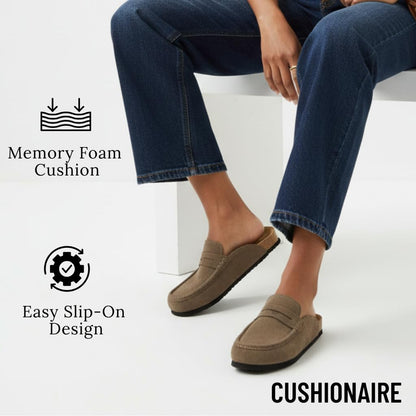 CUSHIONAIRE Fondu Genuine Leather Mule Clogs for Women, Comfortable Slip On Womens Shoes with Penny Strap Accent and Memory Foam Footbed, Taupe