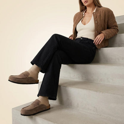 CUSHIONAIRE Fondu Genuine Leather Mule Clogs for Women, Comfortable Slip On Womens Shoes with Penny Strap Accent and Memory Foam Footbed, Taupe