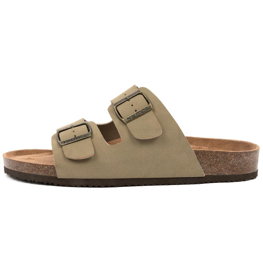 Nautica Men's Double Buckle Slide Sandals – Adjustable Strap Slip-On with Cushioned Footbed & Cork Sole for Comfort and Support-Triun-Light Tan-Size