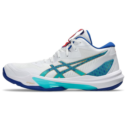 ASICS Men's Sky Elite FlyteFoam Mid Top 3 Volleyball Shoes, White/ASICS Blue