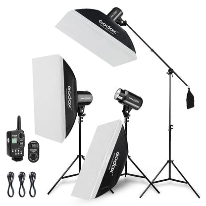 Godox 750W Professional Studio Strobe Flash Light Kit, 3-Light Godox Strobe Lighting Kit for Photography, 3x250W 5600K Monolights with Strobe Trigger, Softbox, Light Stands, Boom Arm