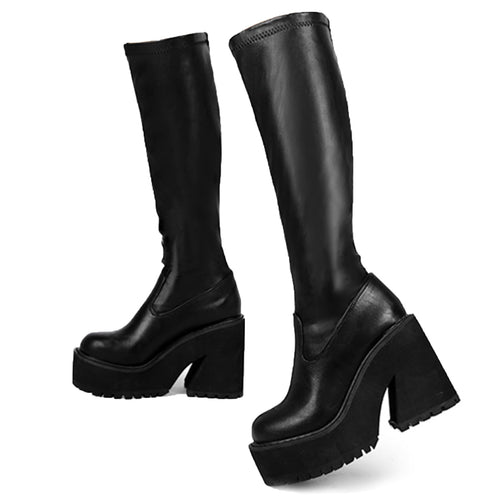 AMINUGAL Womens Elastic Knee High Boots Platform Chunky Block High Heel Sock Boots Zipper Round Toe Fashion Motorcycle Combat Punk Boots For Women Black