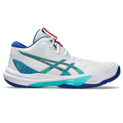 ASICS Men's Sky Elite FlyteFoam Mid Top 3 Volleyball Shoes, White/ASICS Blue