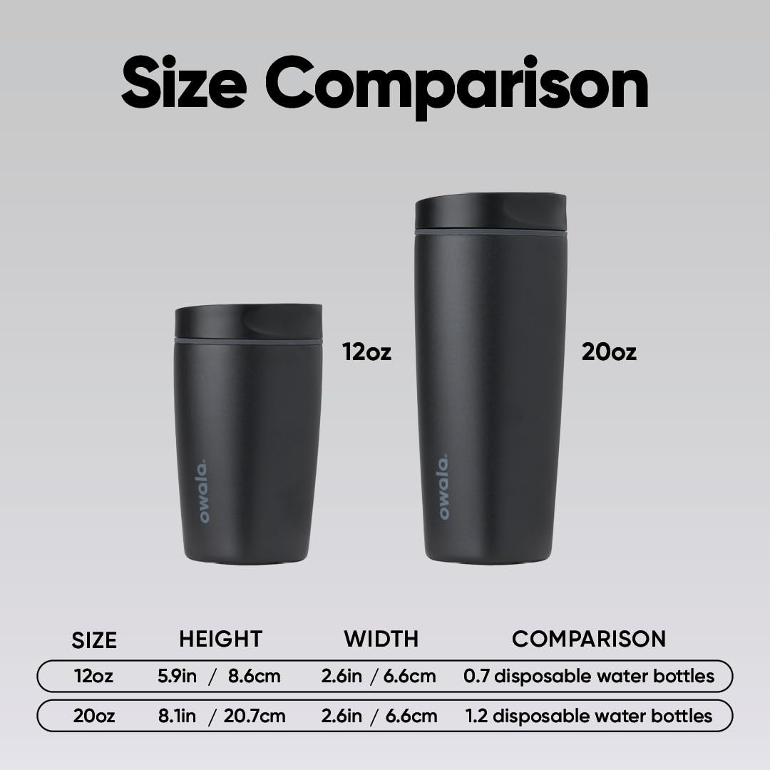 Owala SmoothSip Slider Ceramic-Lined Insulated Stainless Steel Coffee Tumbler, No Metallic Taste Reusable Travel Mug, Hot Iced Coffee Cup, BPA Free 12 oz, Very, Very Dark