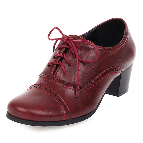 Women's Oxfords Wingtip Lace Up Chunky High Heels Pumps Square Closed Toe Vintage Brogue Dress Shoes, Burgundy, US6.5