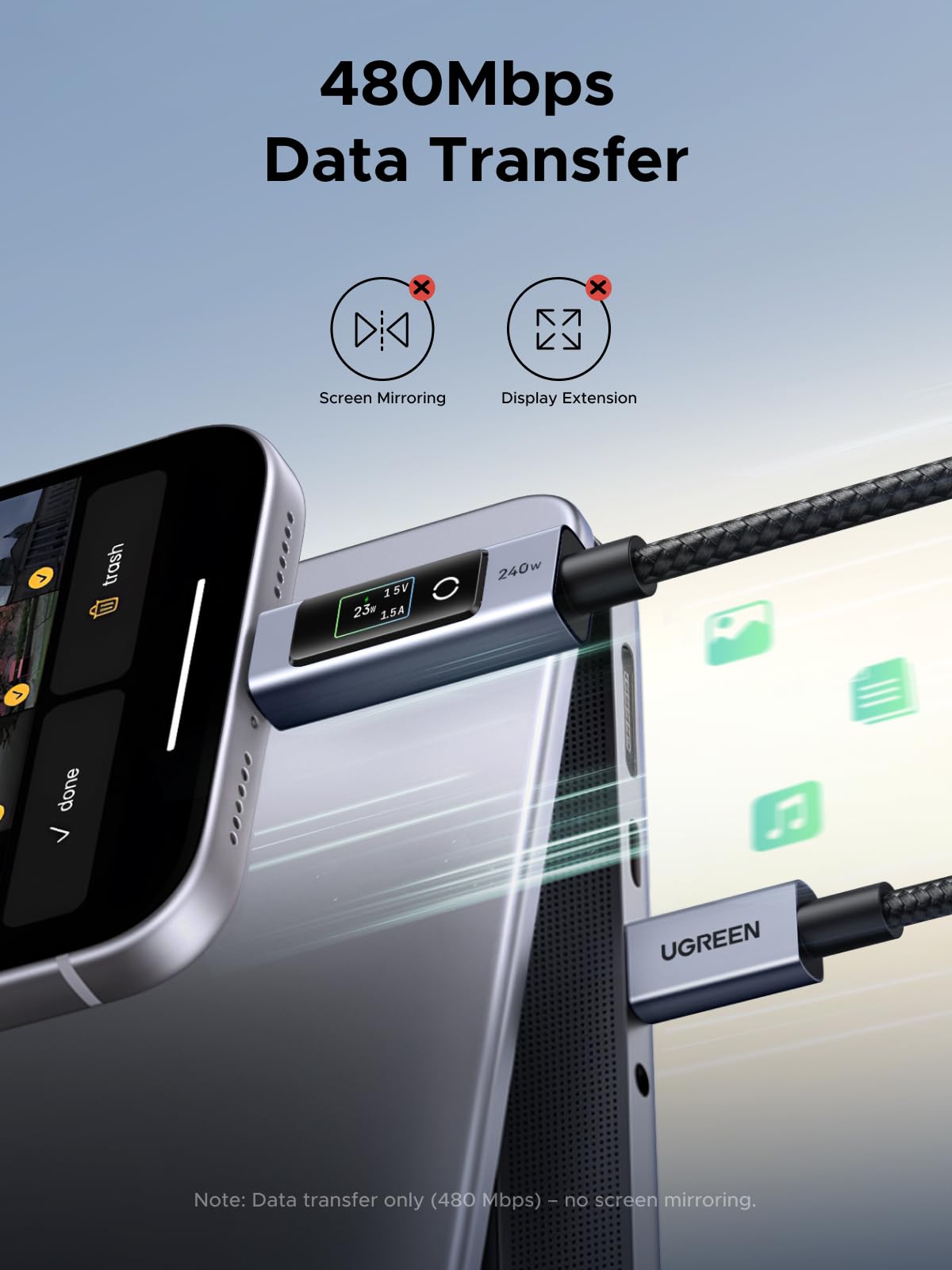 UGREEN Nexode Cable USB-C a USB-C de 240W (Pantalla Inteligente TFT)