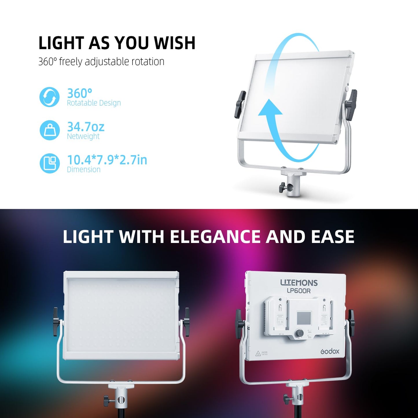 Godox LP600R RGB LED Video Light with Barndoor, 2-Pack 60W 1800K-10000K 9270Lux LED Panel Light with Light Stand, APP Control CRI96+ Studio Soft Light