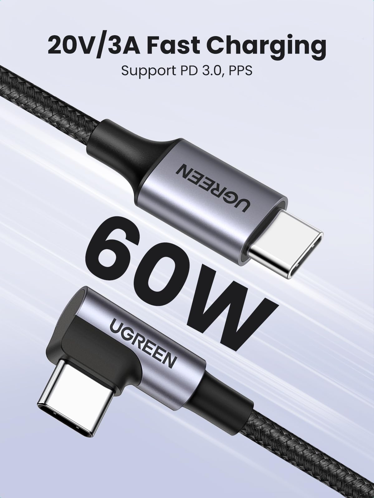 UGREEN Cable USB C en Ángulo Recto de 60W (3.3 pies)