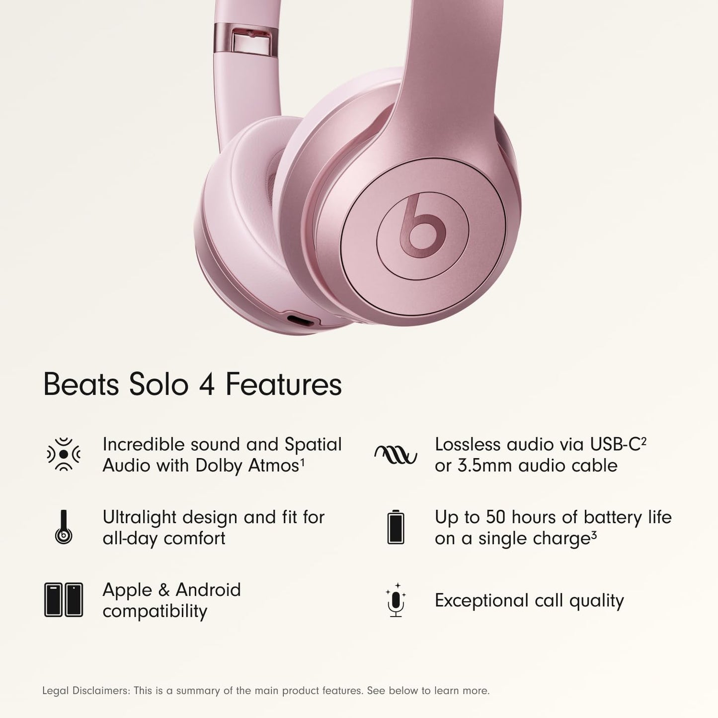 Beats Solo 4 - Wireless On-Ear Bluetooth Headphones, Up to 50-Hour Battery Life, Ultra-Lightweight Comfort, Powerful and Balanced Sound, Apple & Android Compatible - Amazon Exclusive Metallic Pink