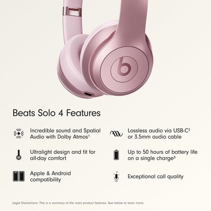 Beats Solo 4 - Wireless On-Ear Bluetooth Headphones, Up to 50-Hour Battery Life, Ultra-Lightweight Comfort, Powerful and Balanced Sound, Apple & Android Compatible - Amazon Exclusive Metallic Pink