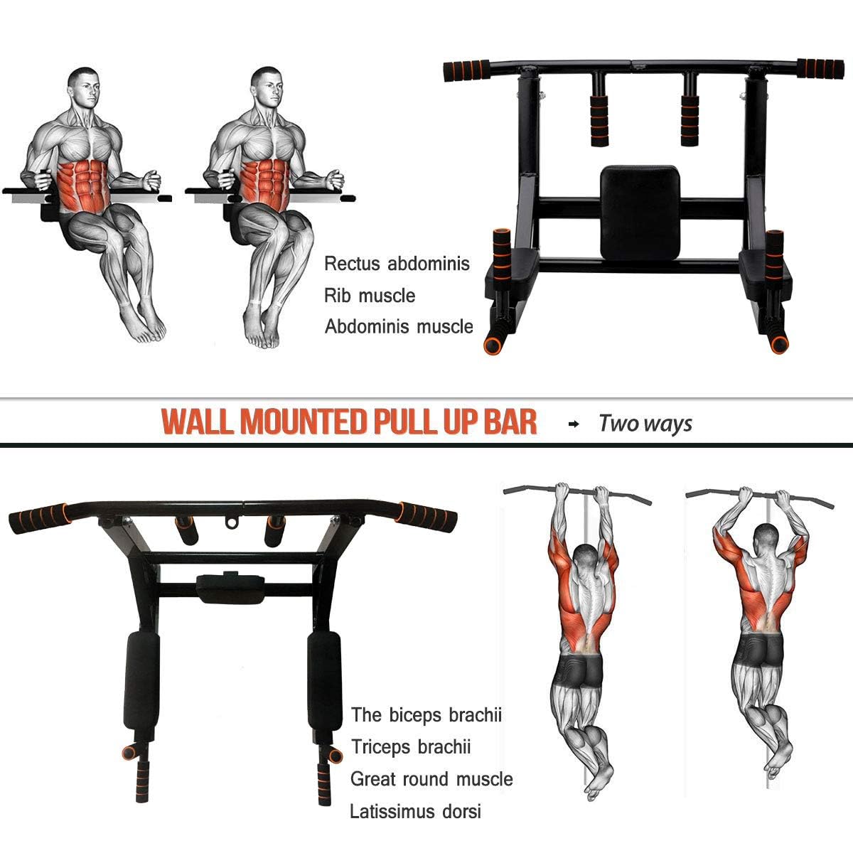 Barra de dominadas y estación de fondos de pared BDL (Soporta 440 lbs)