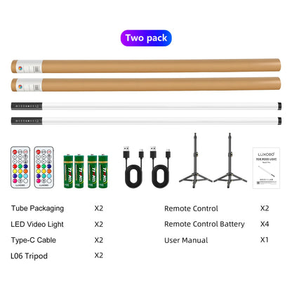 2 Pack 4ft RGB Tube Light with Stand, 5000mAh Battery Light Tube, 500 Lighting Modes, 2.4G Remote, Dimmable Neon LED Video Light Bar for Photography Studio DJ Party Wedding Stage Lighting