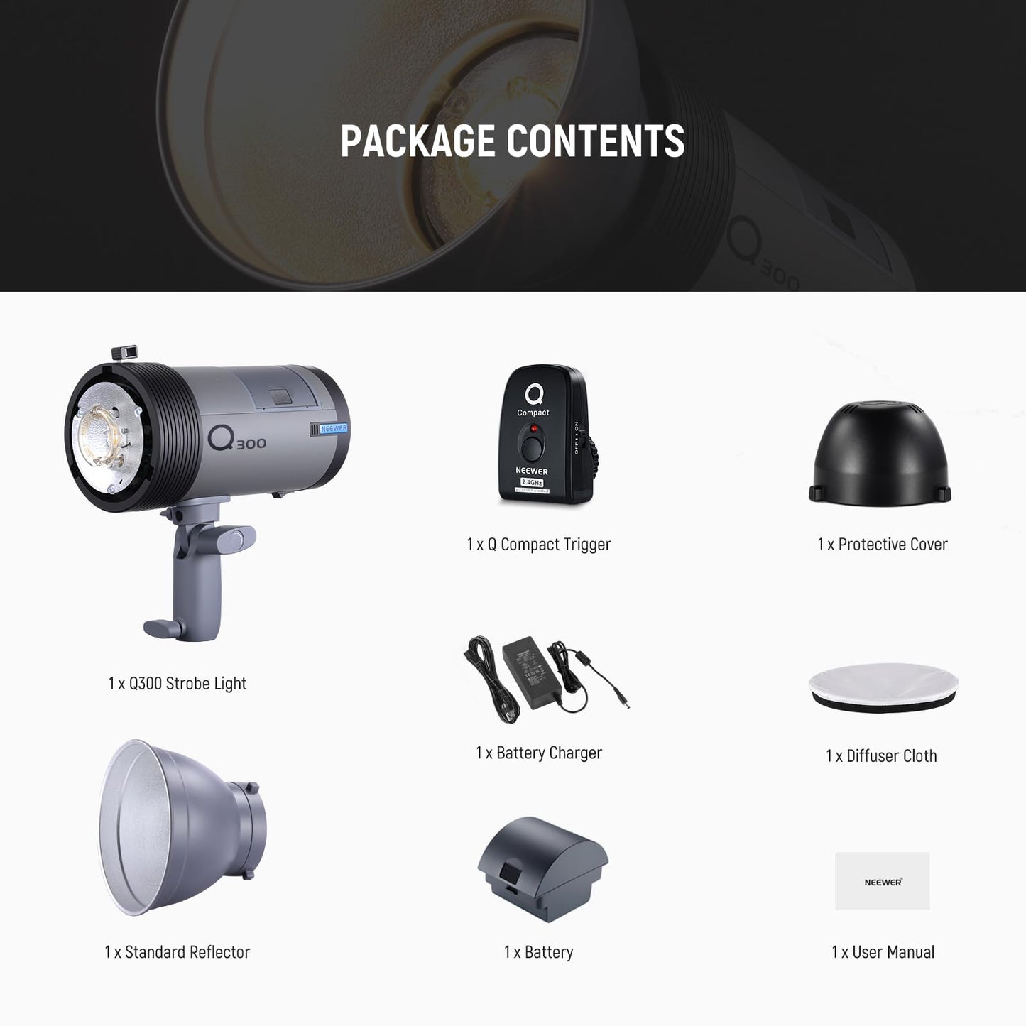 NEEWER Q300 300Ws 2.4G Outdoor Studio Flash with Q Compact Wireless Trigger, 7800mAh Li ion Battery Powered Strobe Light Photography Cordless Monolight with 1000 Full Power Flash 0.4-2.5s Recycle