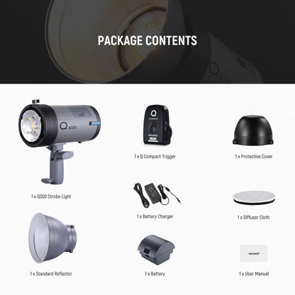 NEEWER Q300 300Ws 2.4G Outdoor Studio Flash with Q Compact Wireless Trigger, 7800mAh Li ion Battery Powered Strobe Light Photography Cordless Monolight with 1000 Full Power Flash 0.4-2.5s Recycle