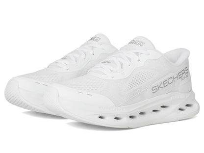 Skechers Women's Max Cushioning Glide Step Caledonia Hands Free Slip-ins Sneaker, White/Silver