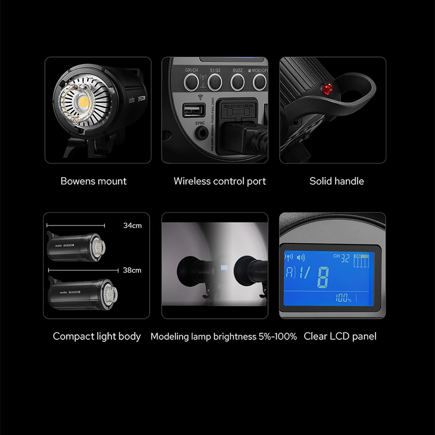 GODOX SK400II-V (New Upgrade) 400Ws Bowens Mount Photo Studio 2.4GHz GN65 Built-in LED Modeling Lamp 5600±200K Strobe Light Photography Lamp for Product/Wedding/Portrait