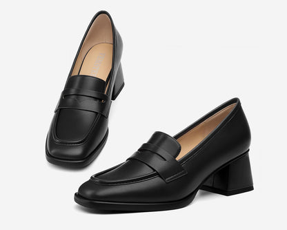 FEMSTEP Womens Loafers, Black Slip on Chunky Heels Loafer Pumps Platform Square Toe Penny Loafers Comfortable Business Casual Work Dress Shoes for Women Formal Office