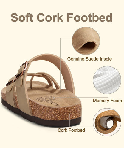 KIDMI Women's Cork Footbed Sandals with Toe Loop, Comfortable Summer Slip-On Slides with Adjustable Buckle, Apricot 37