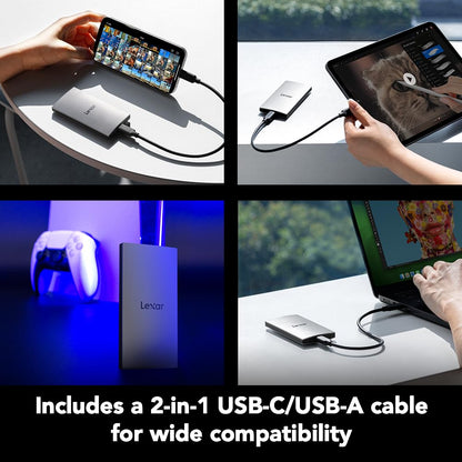 Lexar 2TB ES3 External SSD, Up to 1050MB/s Read, Storage Expansion, Compatible w/USB-C Smartphones, iPhone 15/16, PC, Mac, Tablets, Sleek & Sturdy Design, Silver (LES3XXX002T-RNSAU)