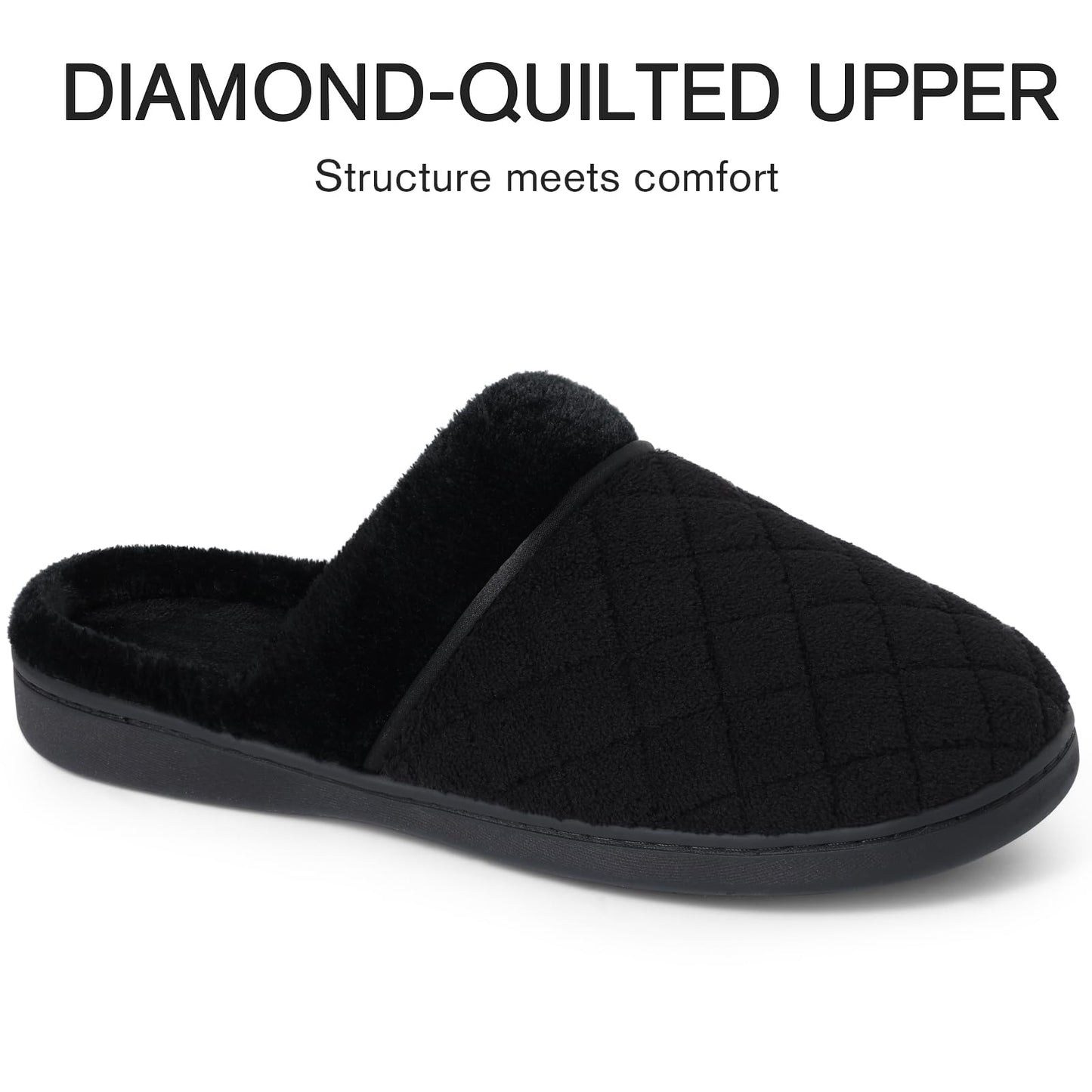 Litfun Unisex Wide House Slippers for Women Men Memory Foam Indoor Bedroom Shoes, Black 39