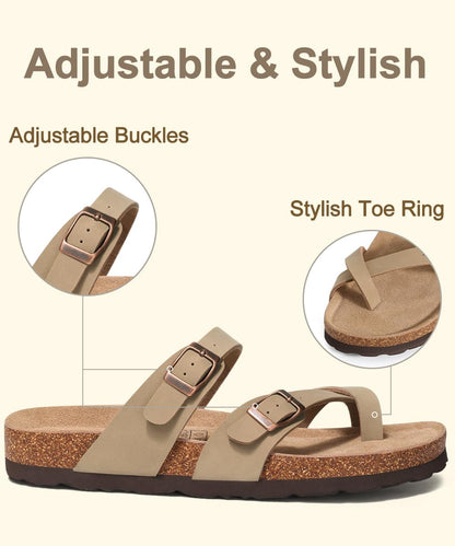 KIDMI Women's Cork Footbed Sandals with Toe Loop, Comfortable Summer Slip-On Slides with Adjustable Buckle, Apricot 37