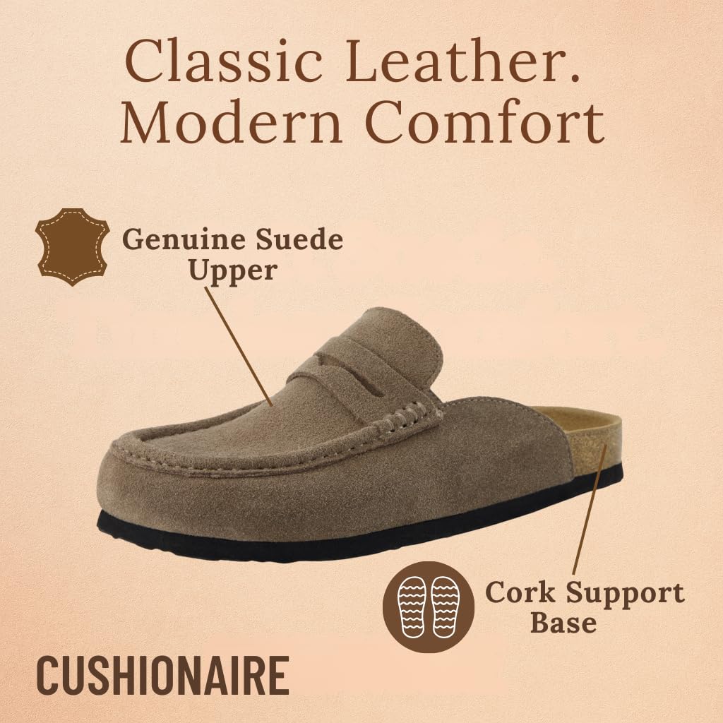 CUSHIONAIRE Fondu Genuine Leather Mule Clogs for Women, Comfortable Slip On Womens Shoes with Penny Strap Accent and Memory Foam Footbed, Taupe