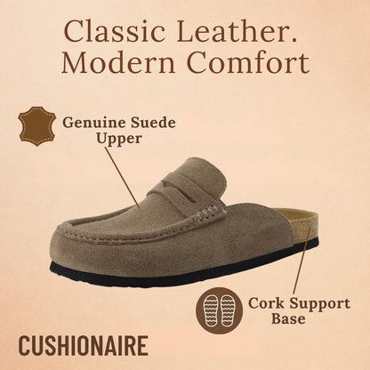 CUSHIONAIRE Fondu Genuine Leather Mule Clogs for Women, Comfortable Slip On Womens Shoes with Penny Strap Accent and Memory Foam Footbed, Taupe