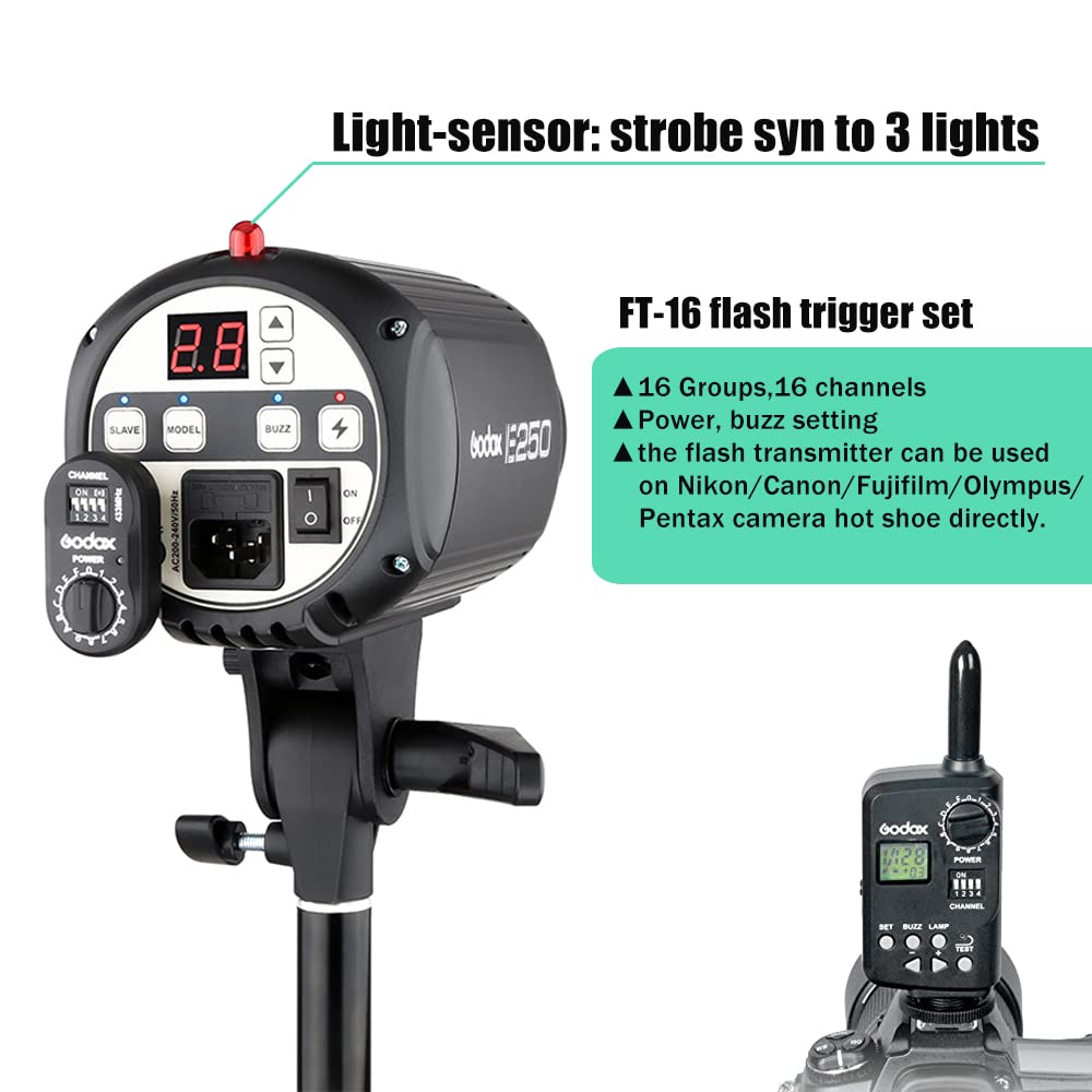 Godox 750W Professional Studio Strobe Flash Light Kit, 3-Light Godox Strobe Lighting Kit for Photography, 3x250W 5600K Monolights with Strobe Trigger, Softbox, Light Stands, Boom Arm